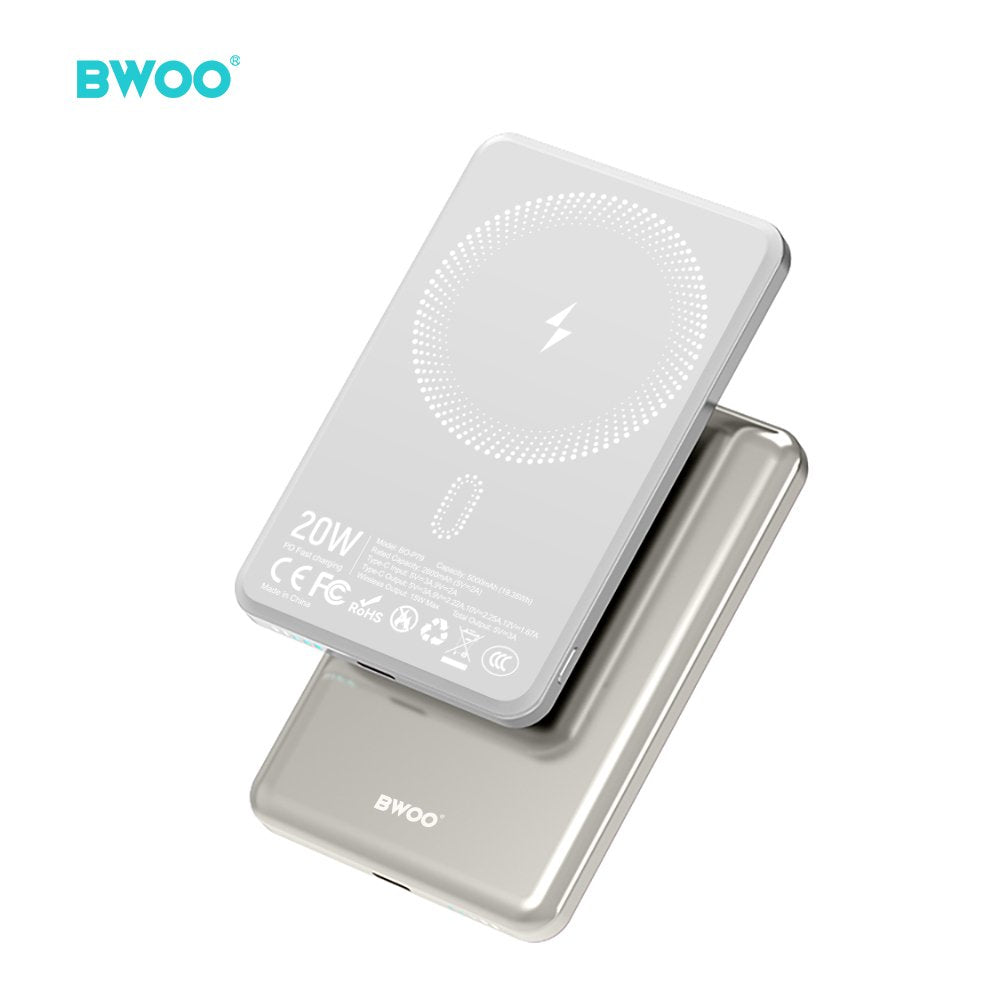 BWOO Ultra Slim ārējā baterija 20 W, 5000 mAh ar magnētisko uzlādi, P79, gaiši pelēka