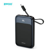 BWOO PD 20 W 10 000 mAh ārējais akumulators ar USB-C kabeli un displeju P80, melns