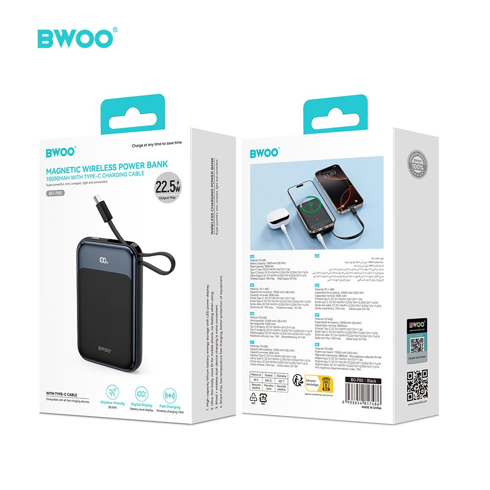 BWOO PD 20 W 10 000 mAh ārējais akumulators ar USB-C kabeli un displeju P80, melns