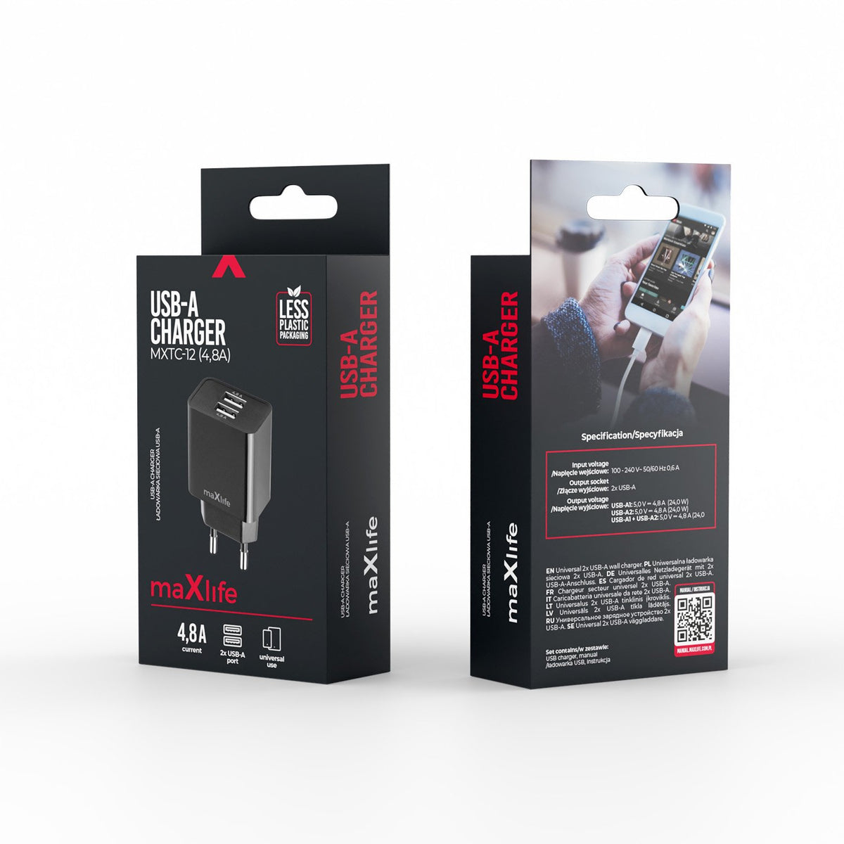 Maxlife lādētājs MXTC-12 1x USB-A 4,8A, melns