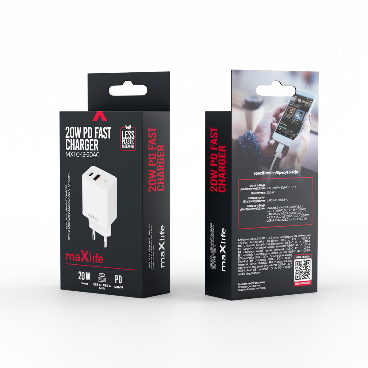 Maxlife lādētājs MXTC-13-20AC PD QC 1x USB-C 1x USB 20W, balts