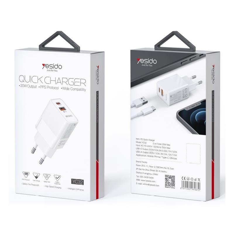 Yesido tīkla lādētājs YC32 PD 20W QC3.0 Usb-a+c, balts