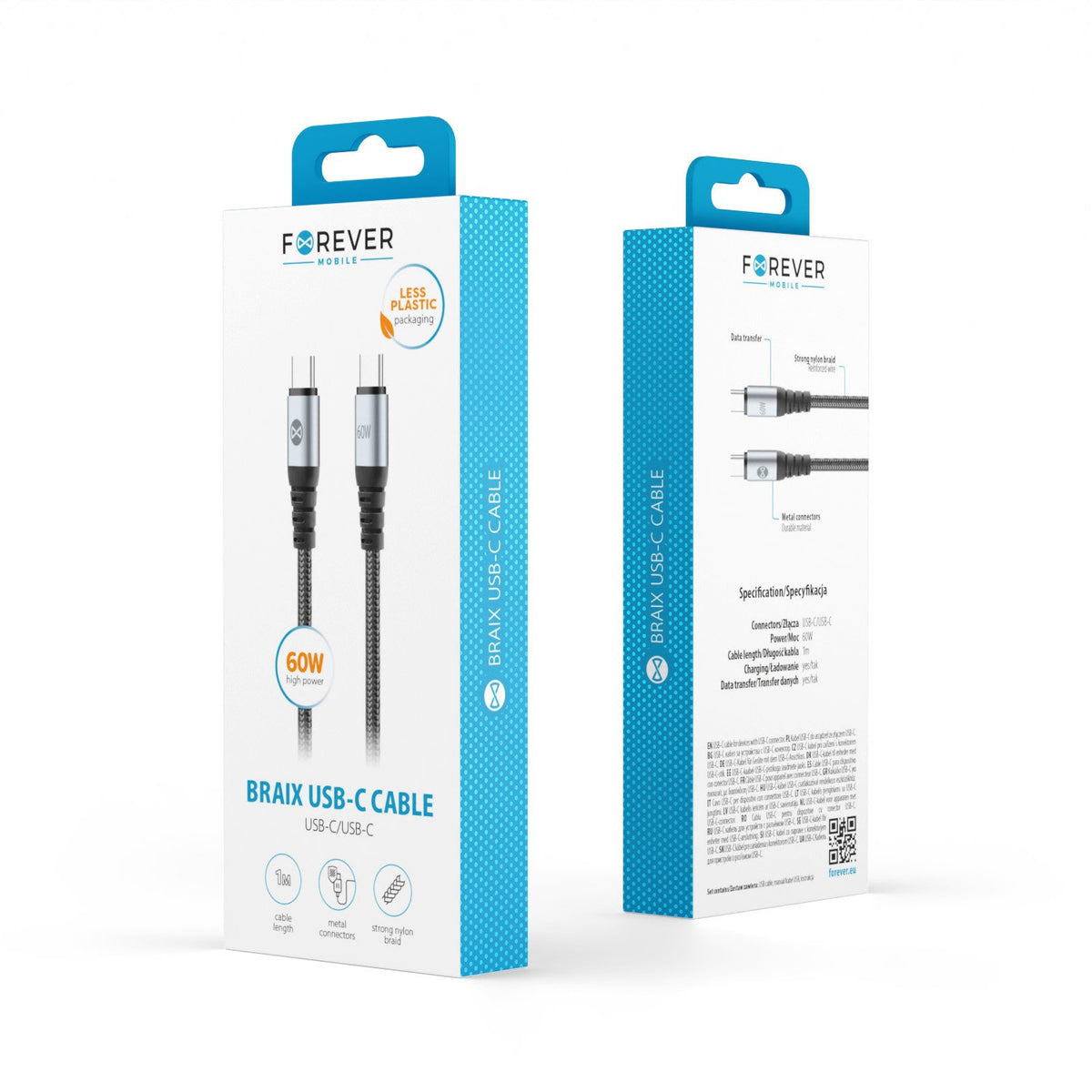 Forever kabelis Braix USB-C - USB-C 1,0 m 60W, melns