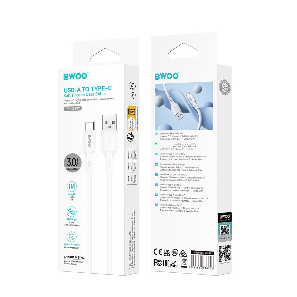 BWOO kabelis 3A silikona X329C USB - USB-C 1m, balts