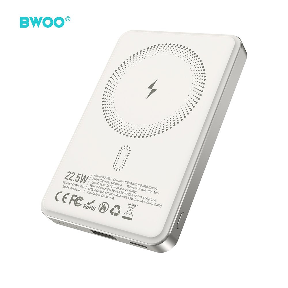 BWOO P82 BO 10000mah 15w ārējā baterija ar bezvadu lādēšanu gaiši pelēka