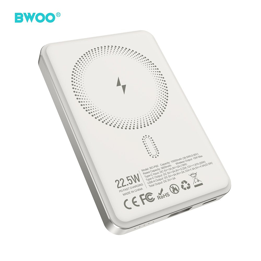 BWOO P82 BO 10000mah 15w ārējā baterija ar bezvadu lādēšanu gaiši pelēka