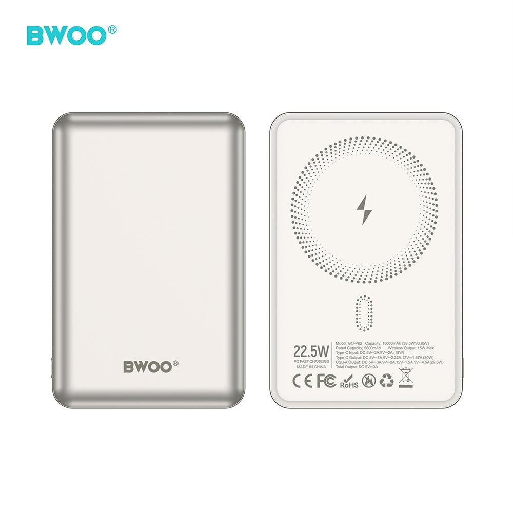 BWOO P82 BO 10000mah 15w ārējā baterija ar bezvadu lādēšanu gaiši pelēka