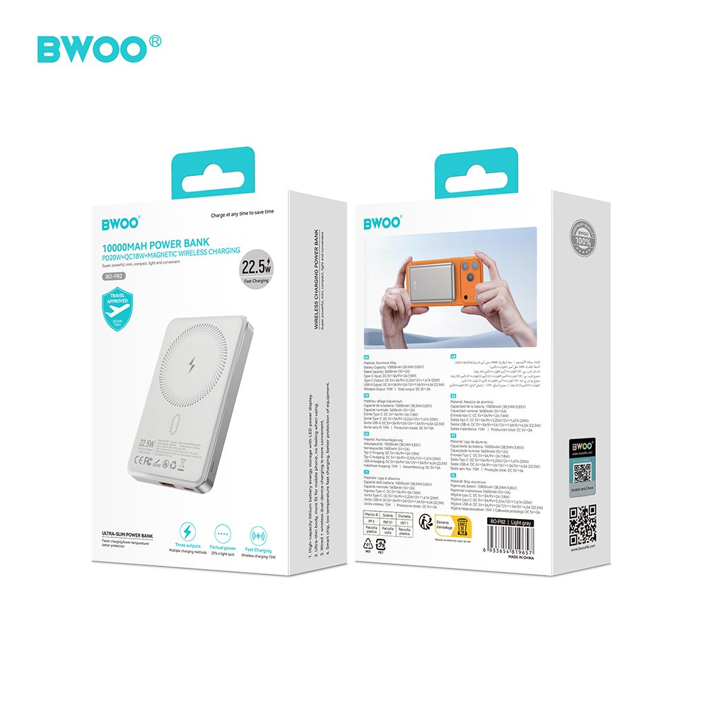 BWOO P82 BO 10000mah 15w ārējā baterija ar bezvadu lādēšanu gaiši pelēka
