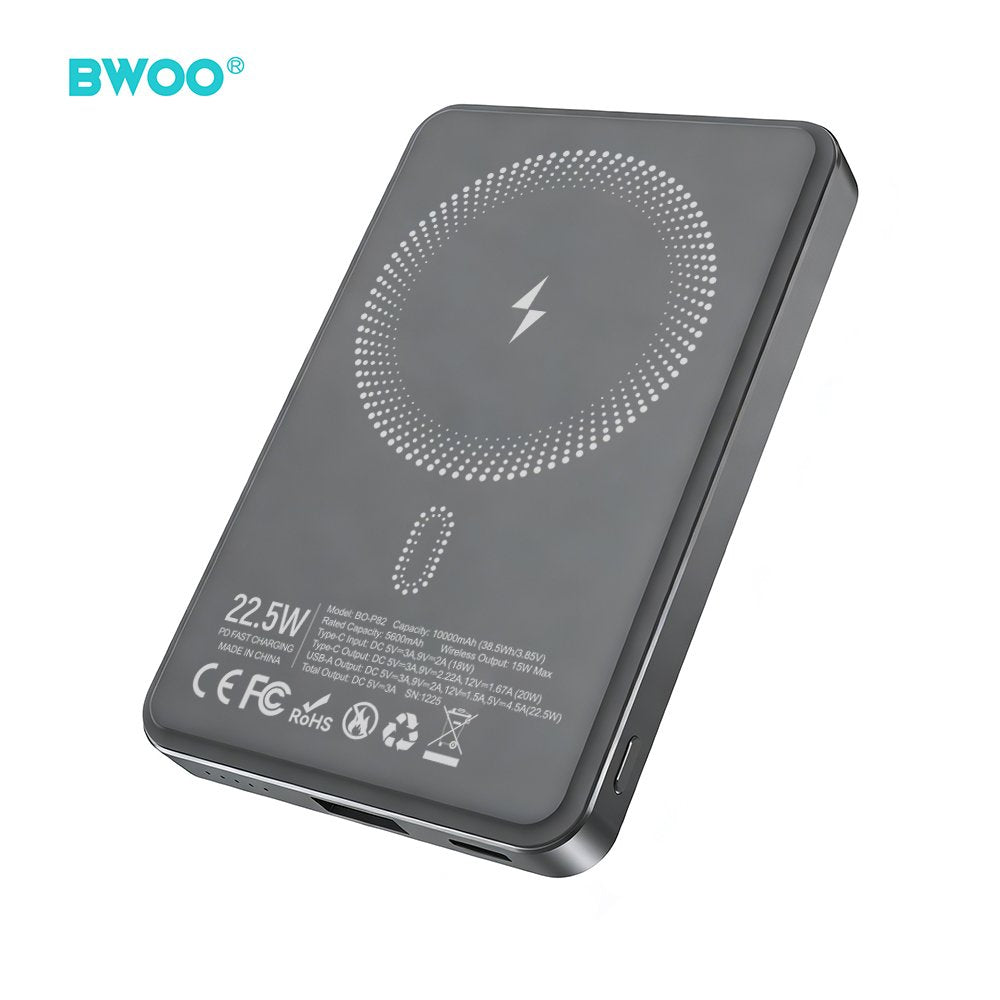 BWOO P82 BO 10000mah 15w ārējā baterija ar bezvadu lādēšanu tumši pelēka