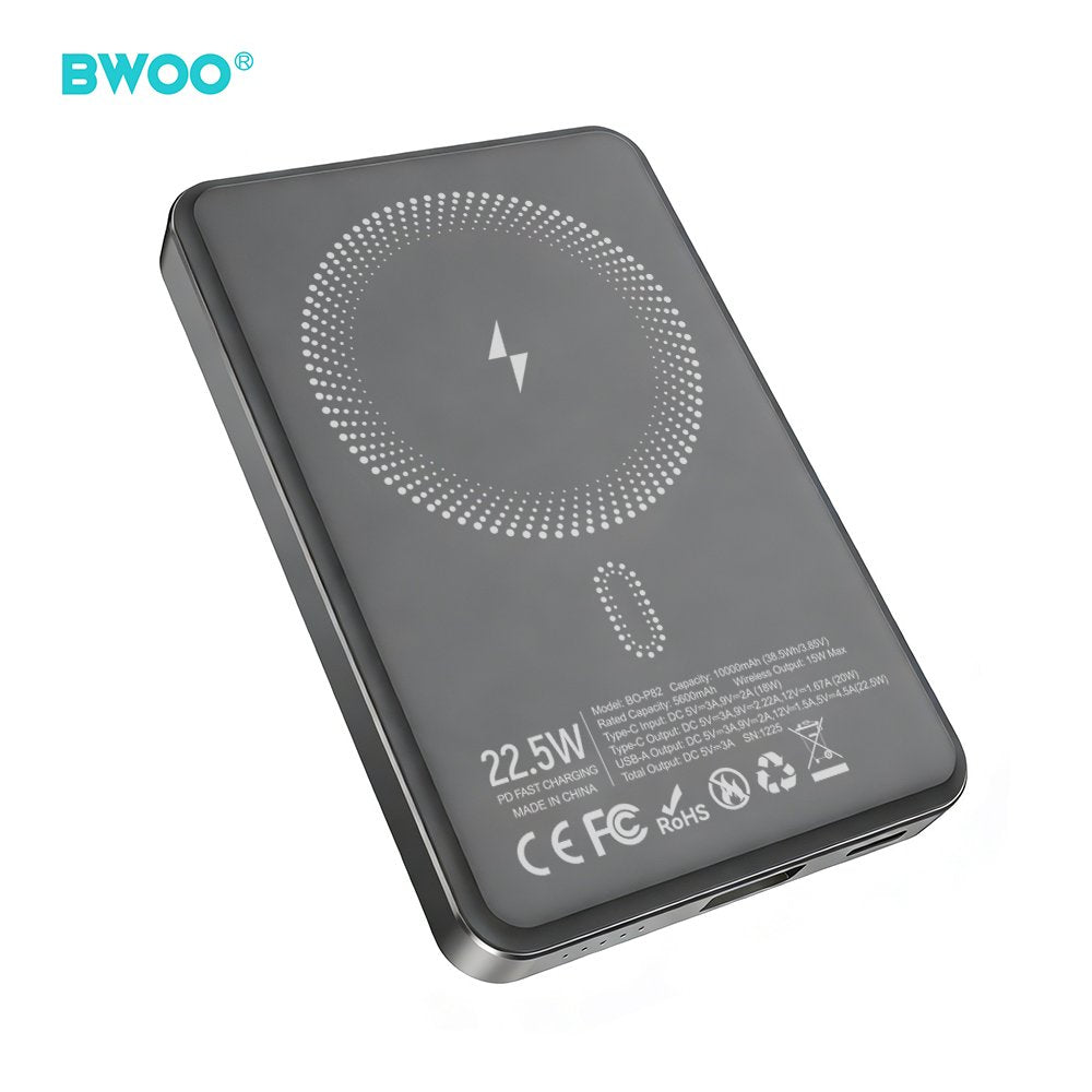 BWOO P82 BO 10000mah 15w ārējā baterija ar bezvadu lādēšanu tumši pelēka