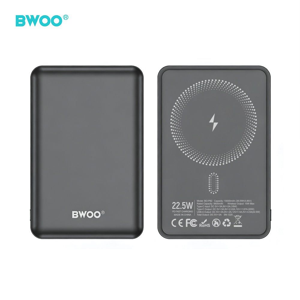BWOO P82 BO 10000mah 15w ārējā baterija ar bezvadu lādēšanu tumši pelēka