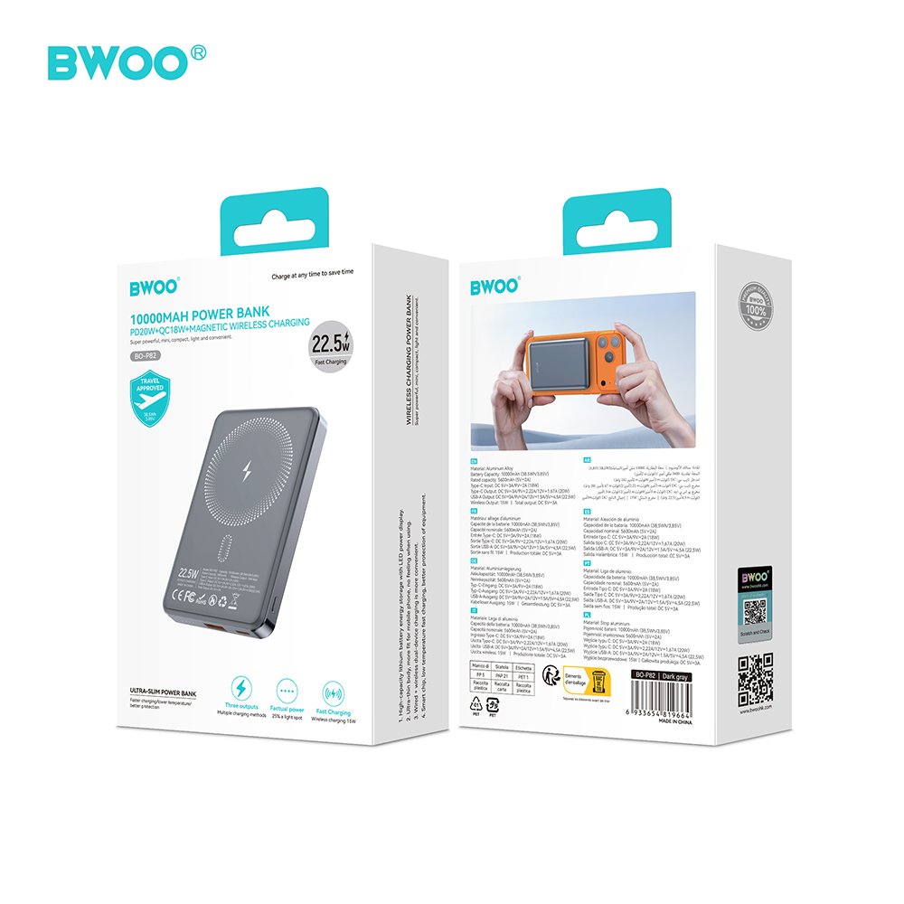 BWOO P82 BO 10000mah 15w ārējā baterija ar bezvadu lādēšanu tumši pelēka
