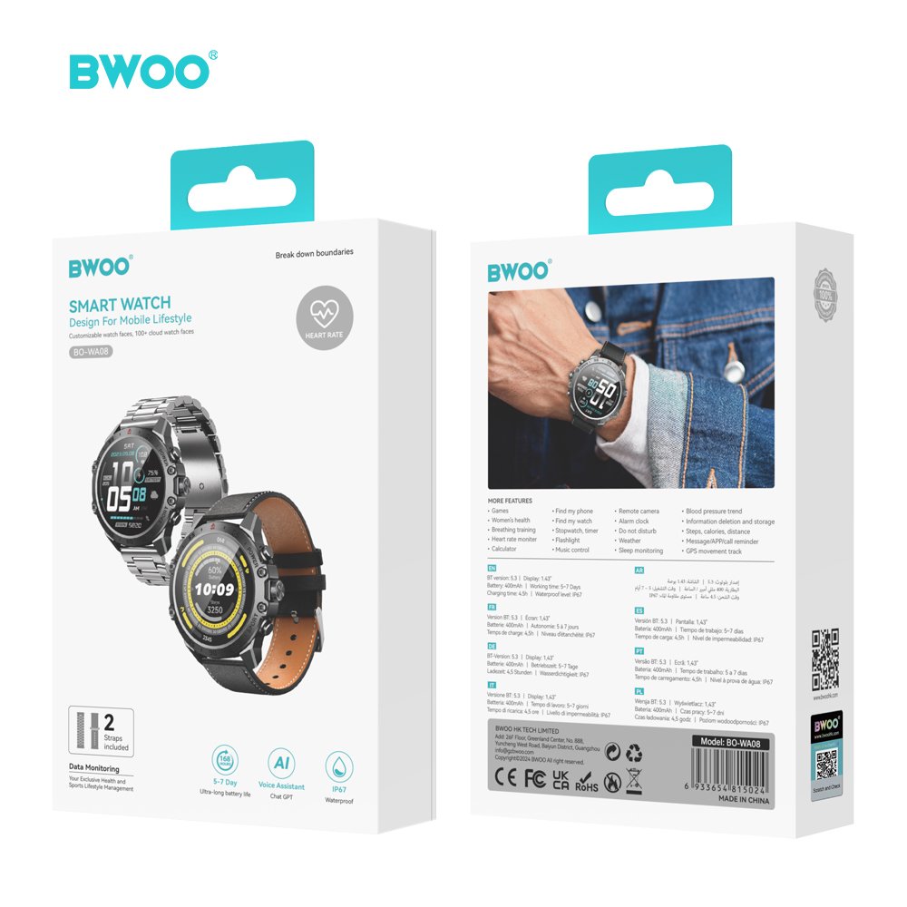 BWOO viedpulkstenis WA-08 1.43” Amoled, melns