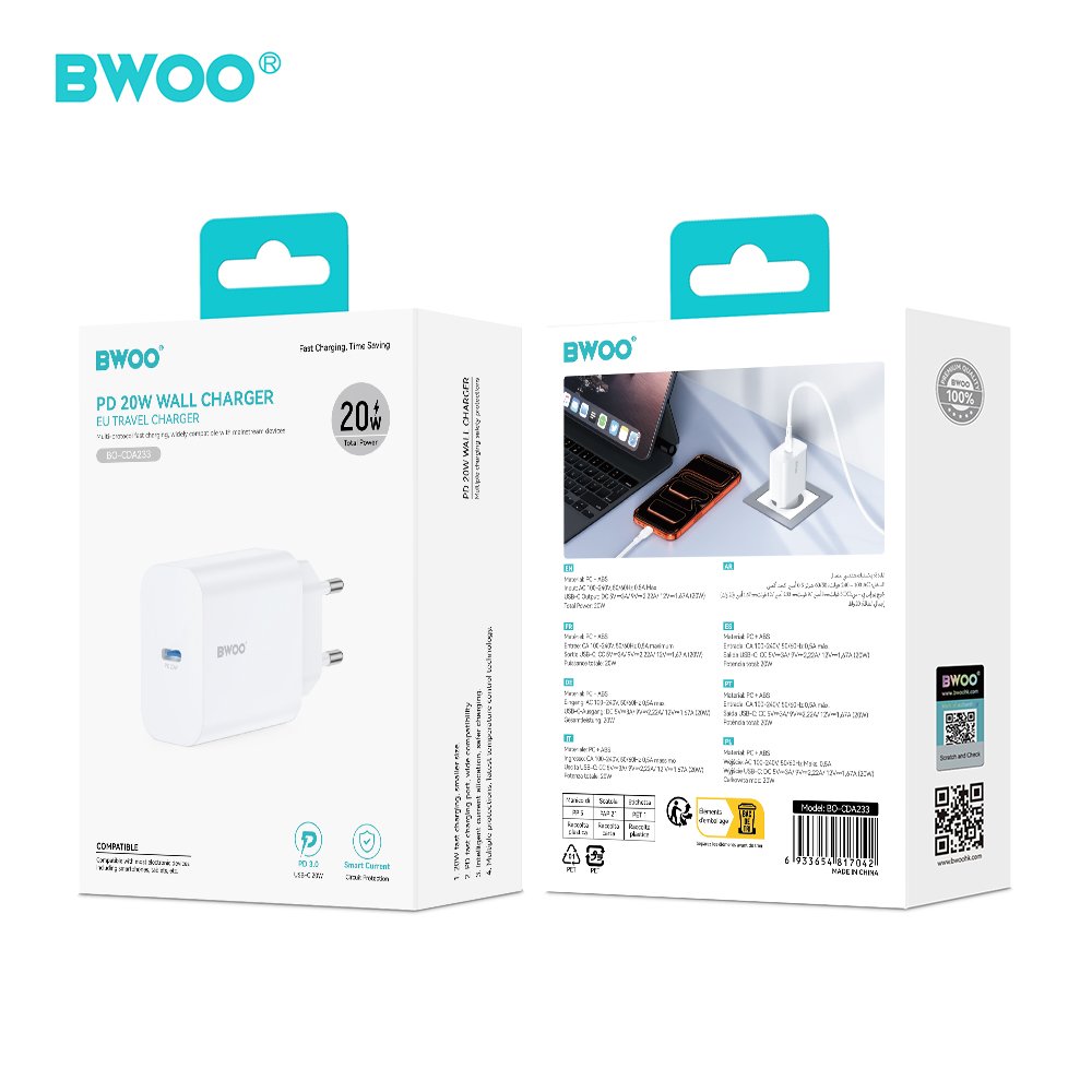BWOO tīkla lādētājs CDA233 PD 20W 1x USB-C, balts