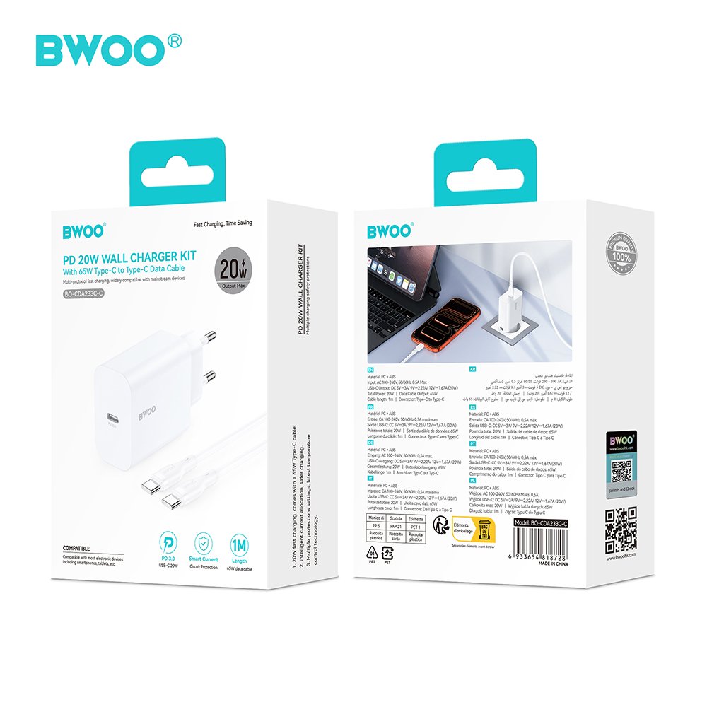 BWOO tīkla lādētājs CDA233 PD 20W 1x USB-C ar USB-C - USB-C kabeli, balts