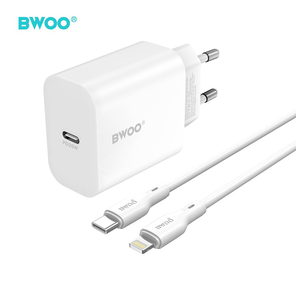 BWOO tīkla lādētājs CDA233 PD 20W 1x USB-C ar USB-C - Lightning kabeli, balts