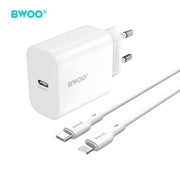 BWOO tīkla lādētājs CDA233 PD 20W 1x USB-C ar USB-C - Lightning kabeli, balts