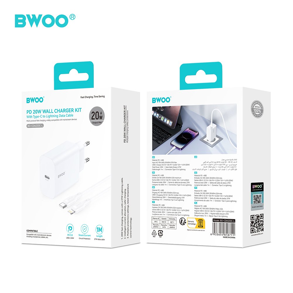 BWOO tīkla lādētājs CDA233 PD 20W 1x USB-C ar USB-C - Lightning kabeli, balts