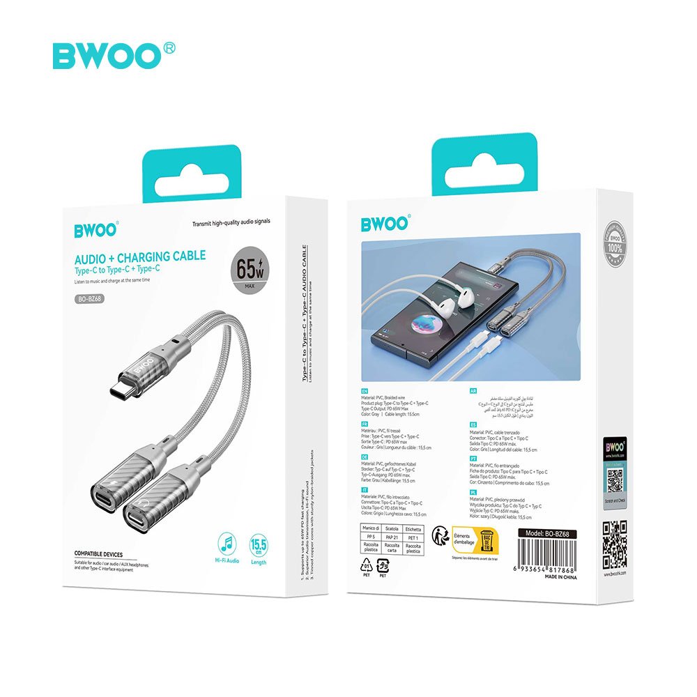 BWOO BZ68 2-in-1 adapteris USB-C – 2 USB-C pieslēgvietas, pelēks