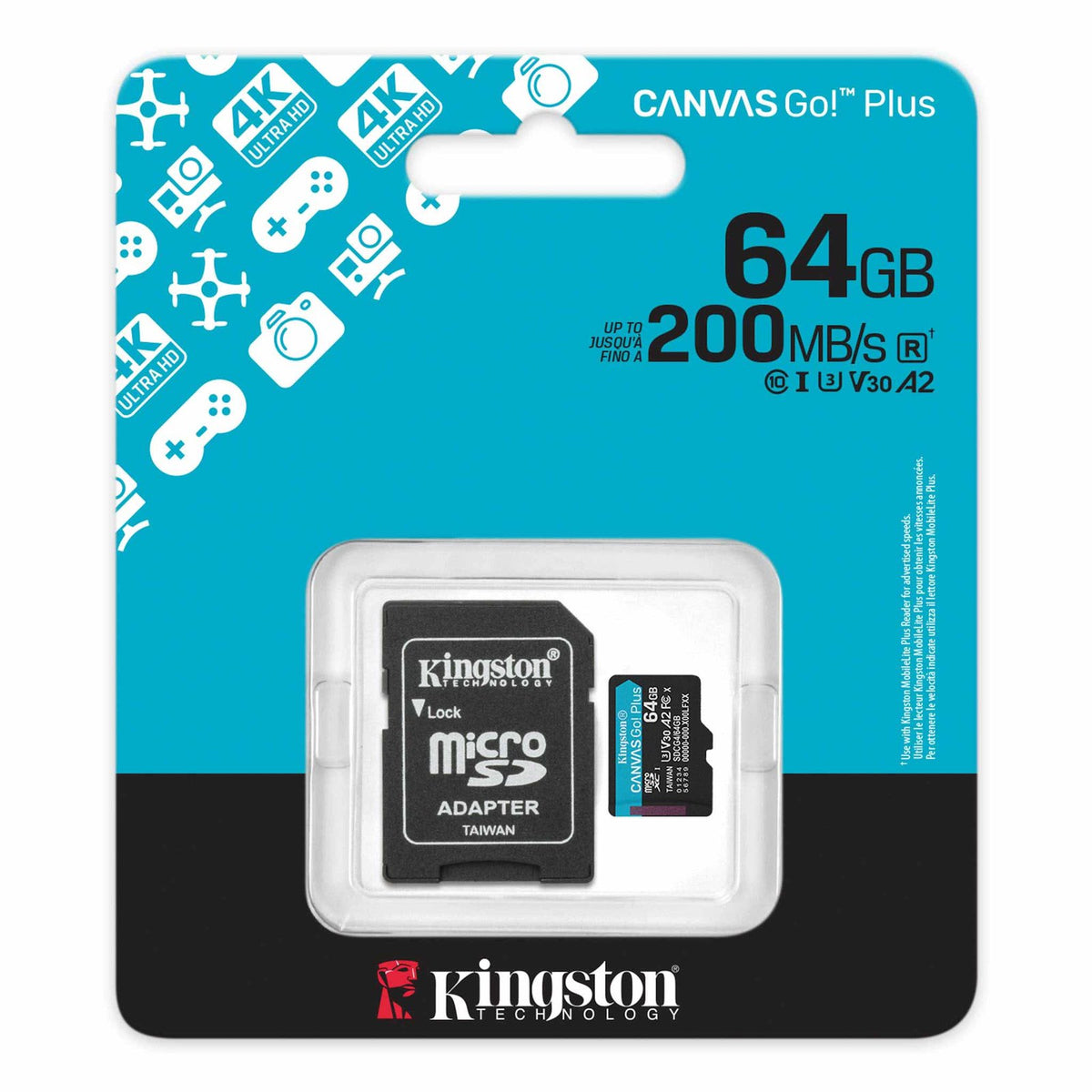 Kingston atmiņas karte 64 GB microSDXC Canvas Go Plus Gen4 200 MB/s A2 U3 V30 karte + adapteris
