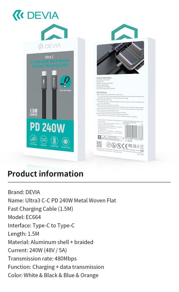 Devia Ultra3 USB-C PD 240 W metāla pīts plakanais ātrās uzlādes kabelis 1,5 m zils