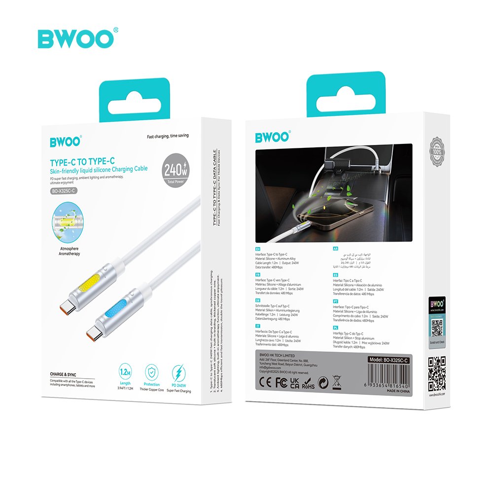 BWOO 240 W superātrs uzlādes datu kabelis ar RGB gaismu, balts X325C-C
