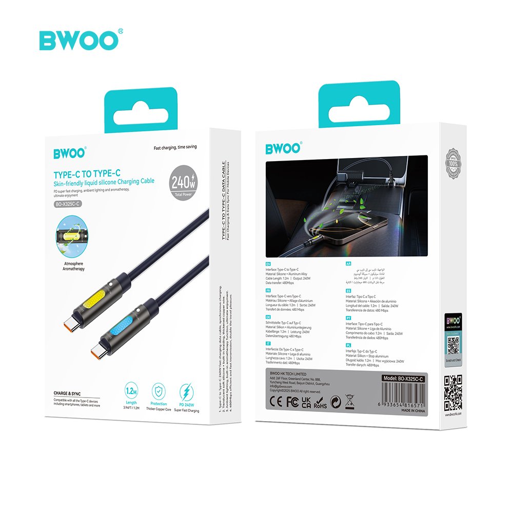 BWOO 240W C tipa uz C tipa datu kabelis ar RGB apgaismojumu, melns X325C-C