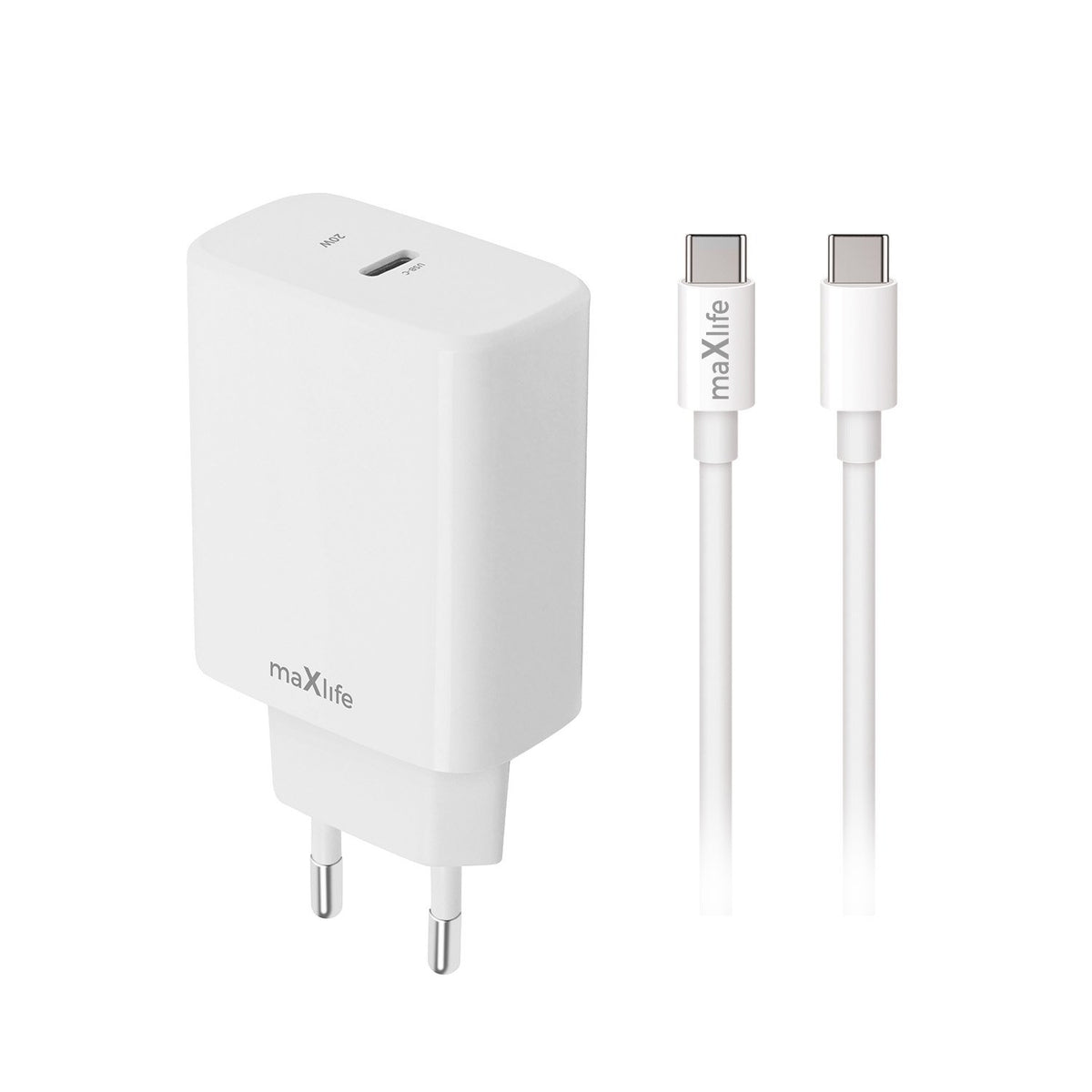 Maxlife MXTC-10-20C PD QC lādētājs ar 1 USB-C pieslēgvietu (20 W), balts + USB-C – USB-C kabelis (20 W)