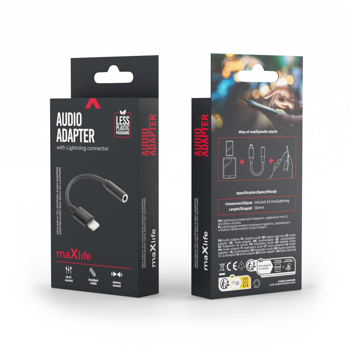 Maxlife adapteris audio MXJL-02 jack 3,5 mm - Lightning, melns