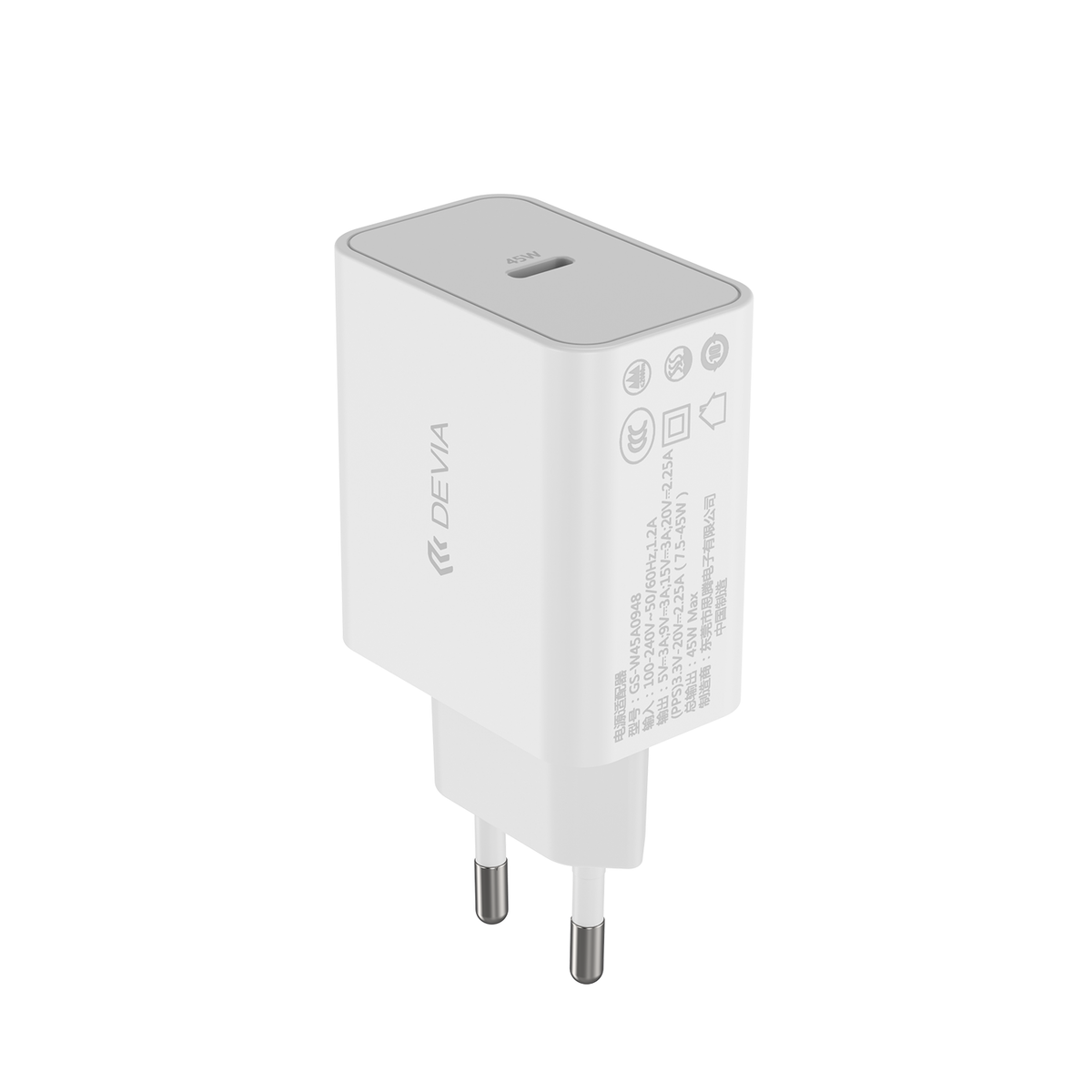 Devia tīkla lādētājs Rocket PD 45W 1x USB-C balts + kabelis USB-C - USB-C