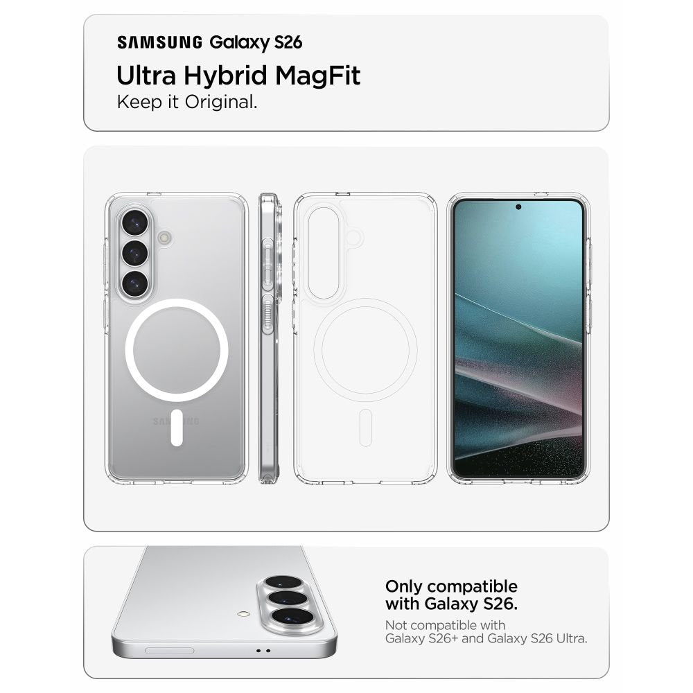 Spigen Ultra Hybrid MagSafe vāciņš Samsung Galaxy S26, caurspīdīgs/balts