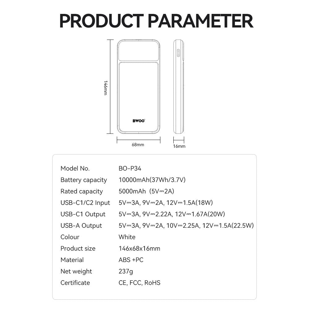 BWOO ārējā baterija Ultra thin 22,5W 10000 mAh, balta