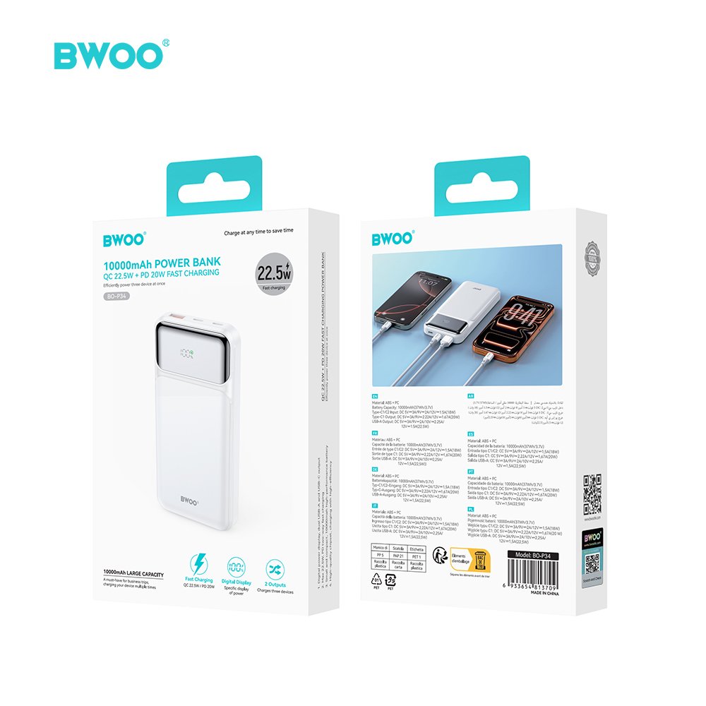 BWOO ārējā baterija Ultra thin 22,5W 10000 mAh, balta