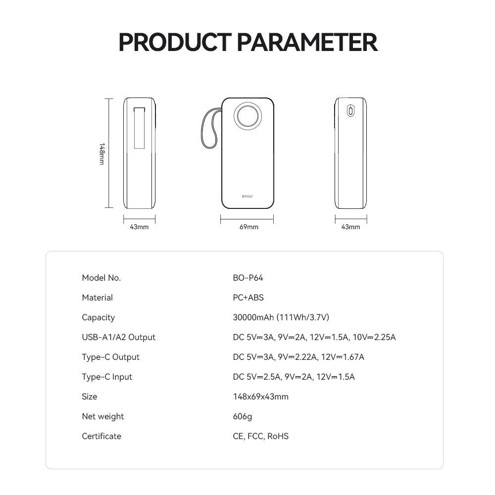 BWOO 22,5W 30000 mAh ārējā baterija ar LCD ekrānu, melna