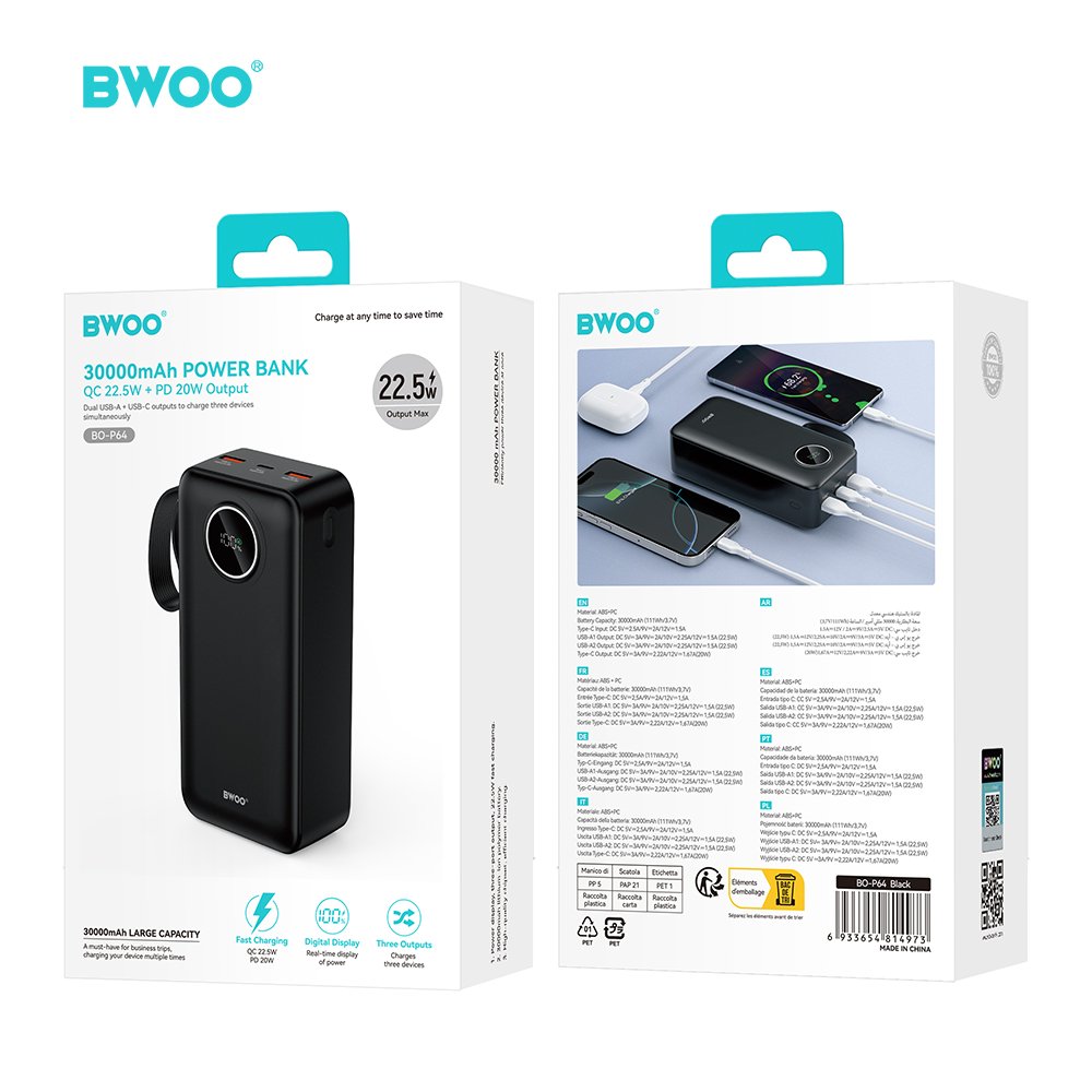 BWOO 22,5W 30000 mAh ārējā baterija ar LCD ekrānu, melna