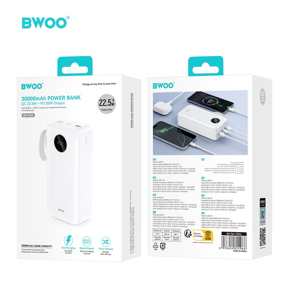 BWOO 22,5W 30000 mAh ārējā baterija ar LCD ekrānu, balta