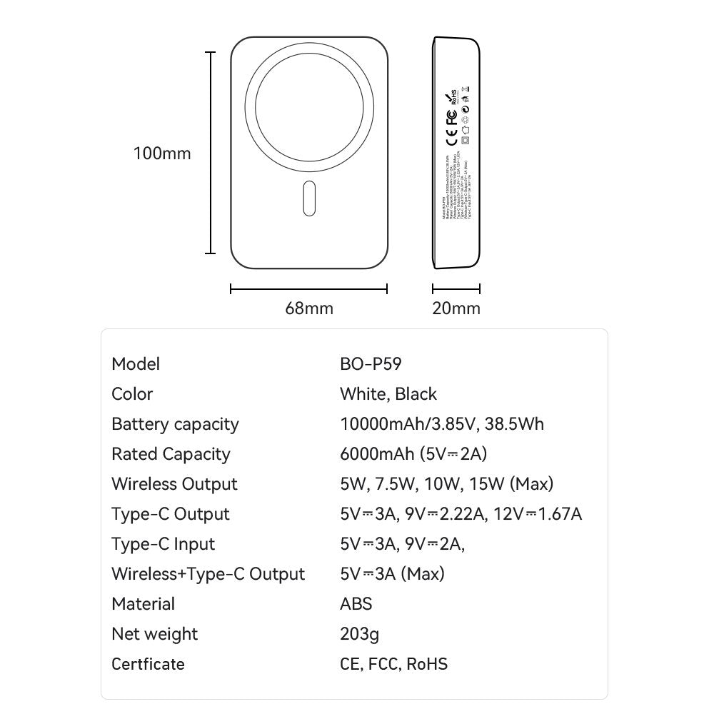BWOO ārējā baterija 20W 10000 mAh, melna