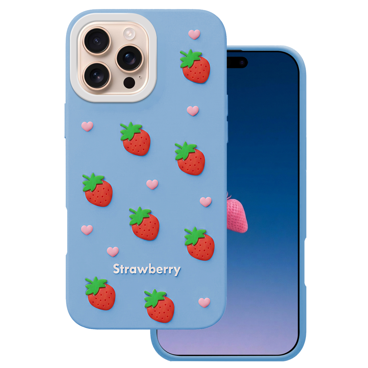 Zilais zemeņu motīva vāciņš iPhone 16 Pro 6,3"