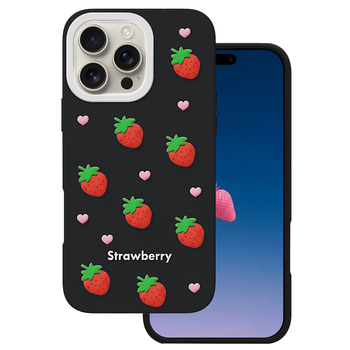 Zemeņu motīva vāciņš iPhone 16 Pro Max 6,9" melns
