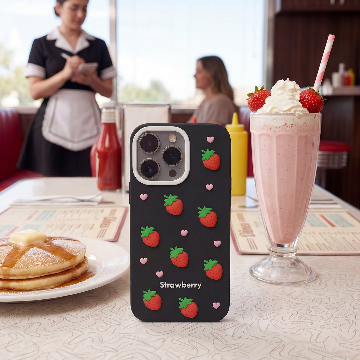 Zemeņu motīva vāciņš iPhone 16 Pro Max 6,9" melns