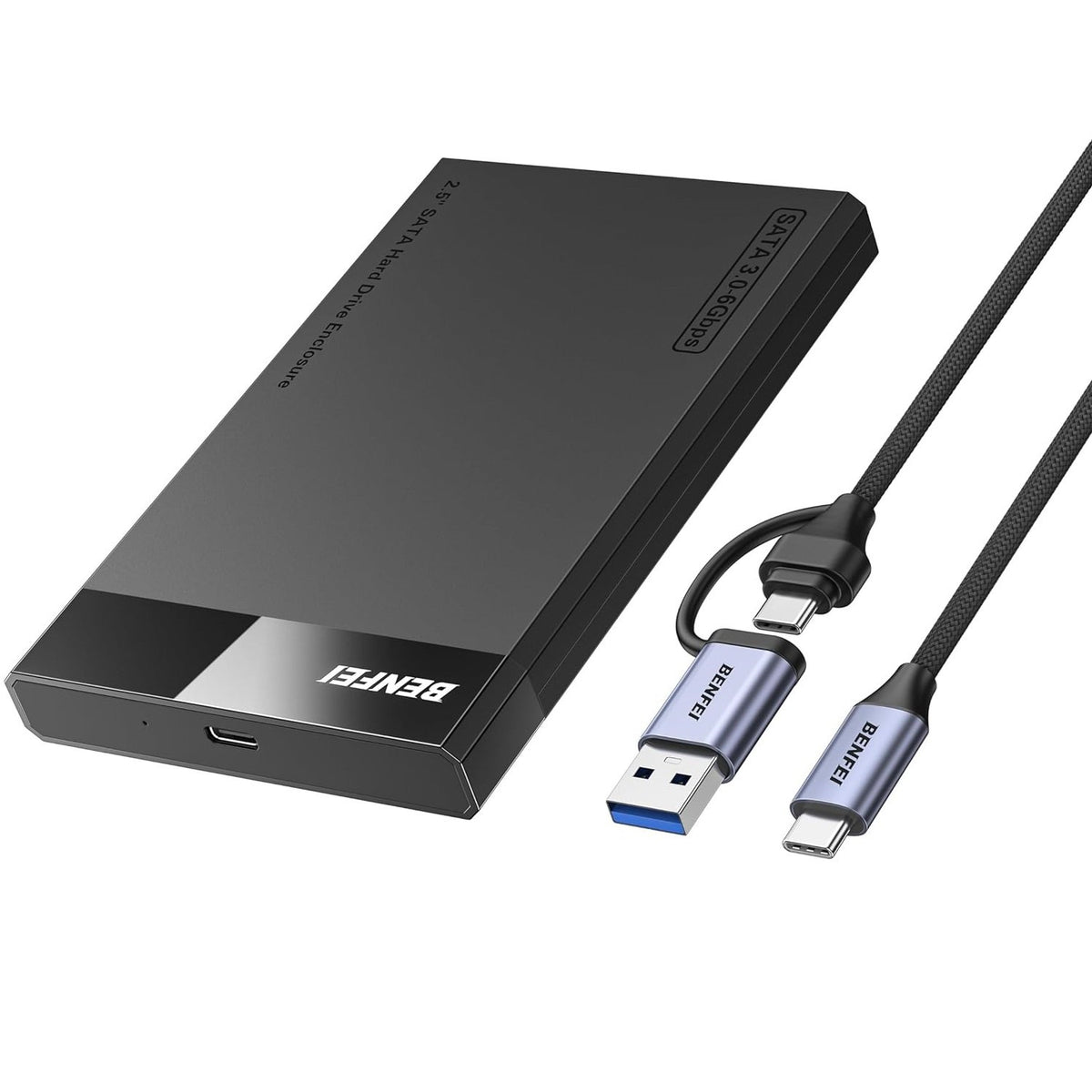 BENFEI 2,5 collu SATA SSD diska korpuss ar USB-C un USB-A pieslēgumiem, kas atbalsta UASP un SATA III, melns