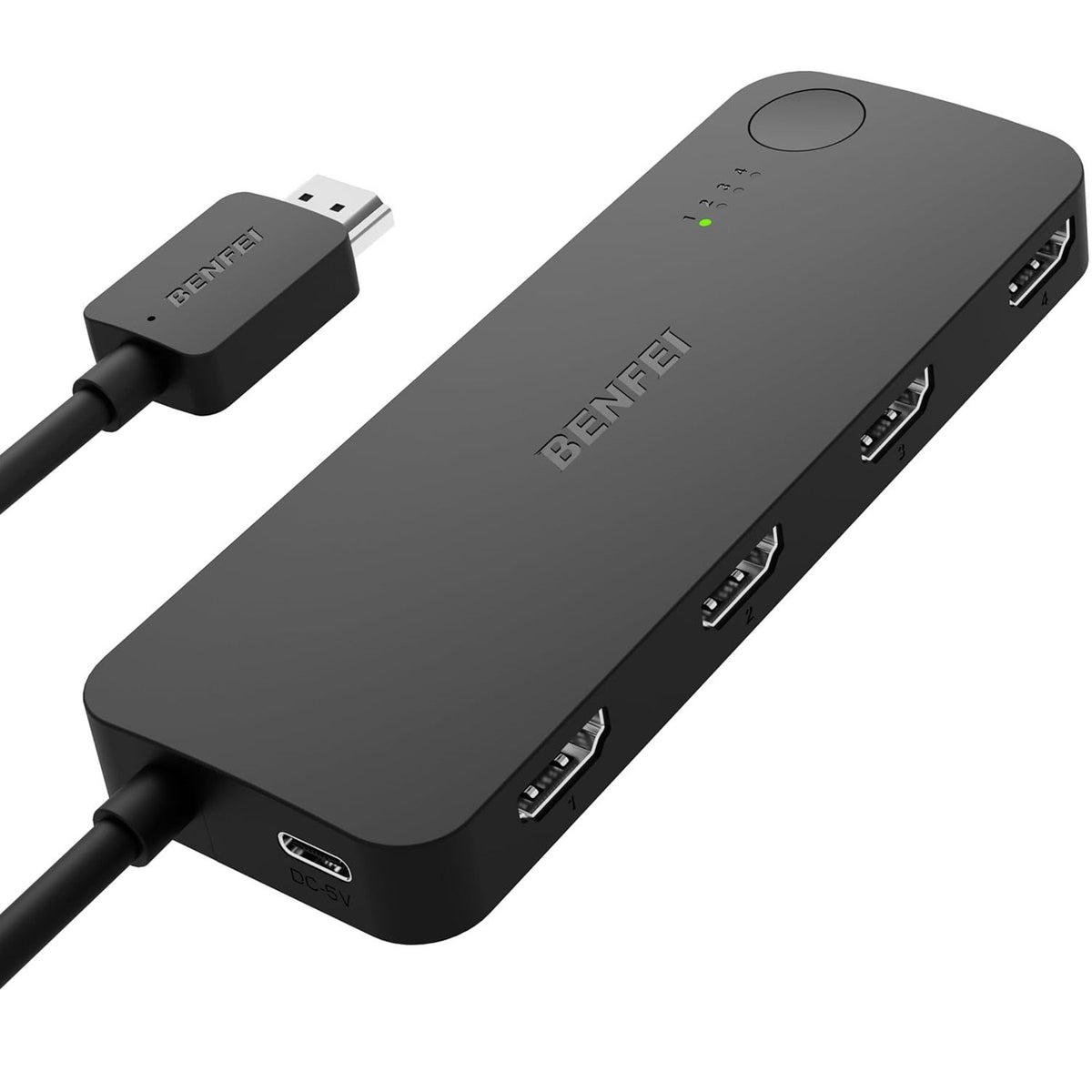 BENFEI HDMI komutators ar 4 portiem, 4K, 60 Hz, 2K, 144 Hz, HDCP 2.3, melns