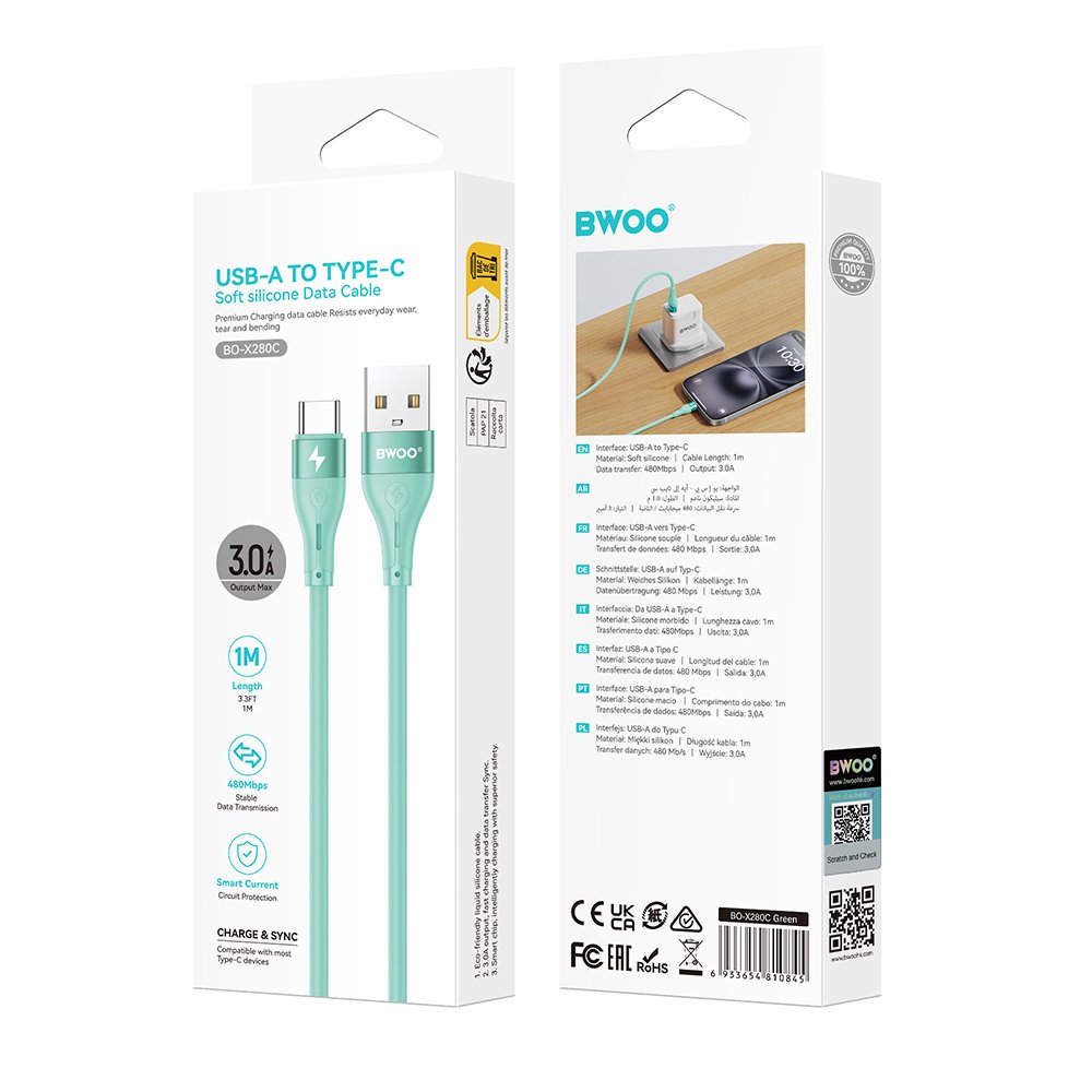 BWOO Kabelis USB - USB-C 1m 3A Minimālisma Silikona Zaļš X280C