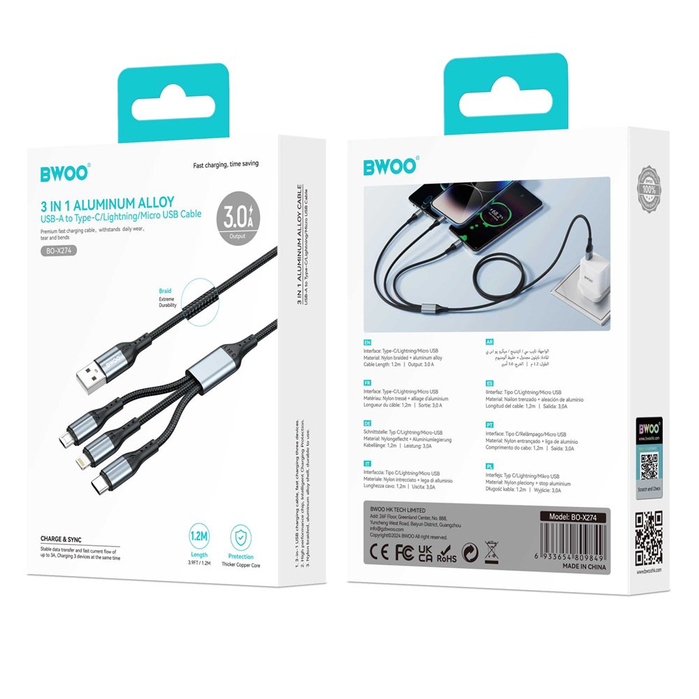 BWOO 3-in-1 kabelis USB - USB-C, Lightning, Micro USB 1m 3A X274 melns