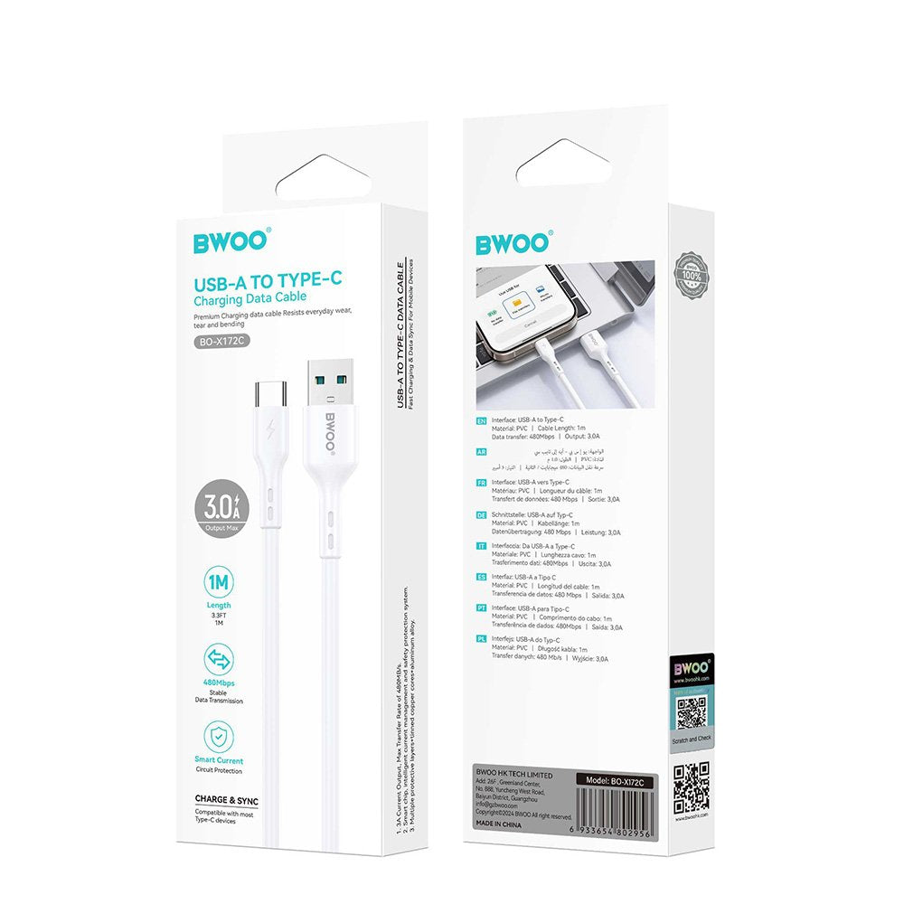BWOO kabelis USB - USB-C 1m 3A balts BO-X172C