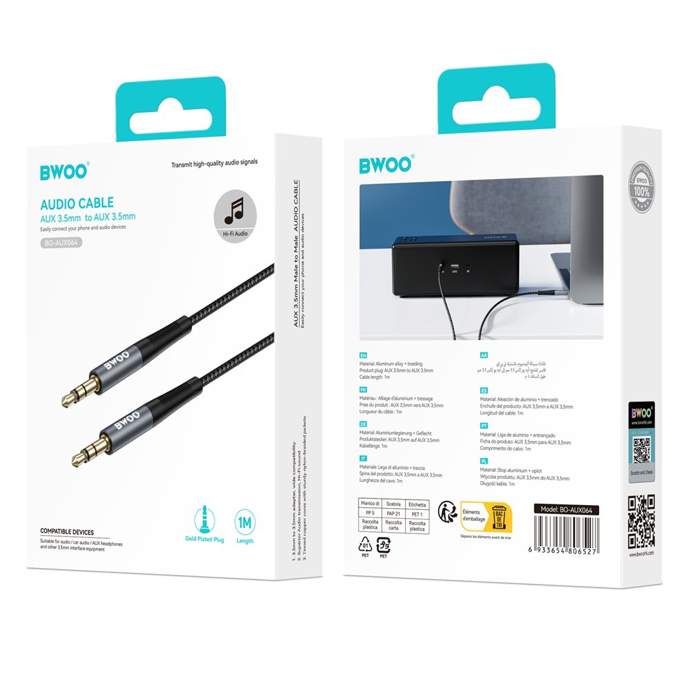 BWOO Kabelis AUX 3.5mm - 3.5mm neilona pinums + alumīnija sakausējuma apvalks BO-AUX064 melns