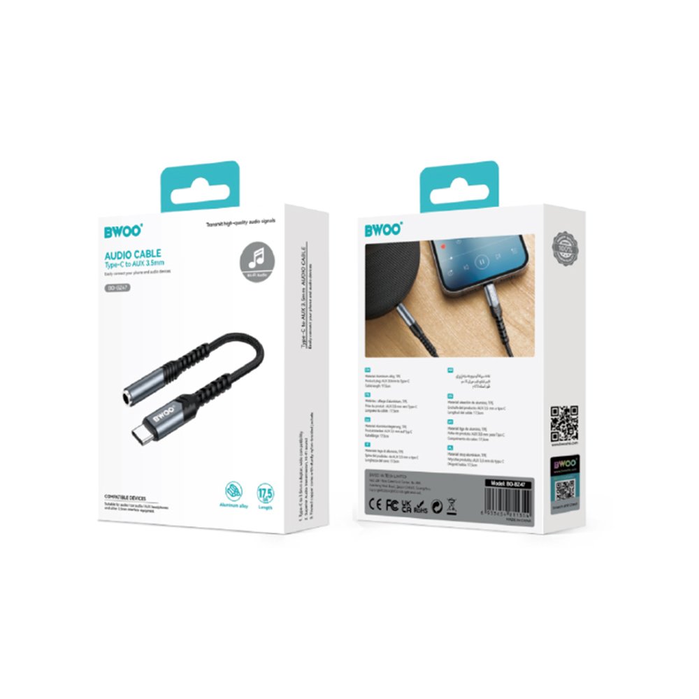 Adapteris Bwoo AUX 3.5mm - USB-C melns BZ47