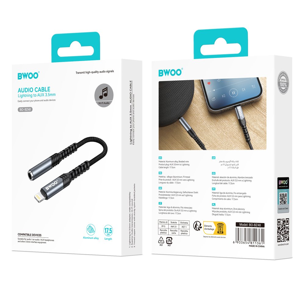 Adapteris Bwoo AUX 3.5mm - Lightning melns BZ48