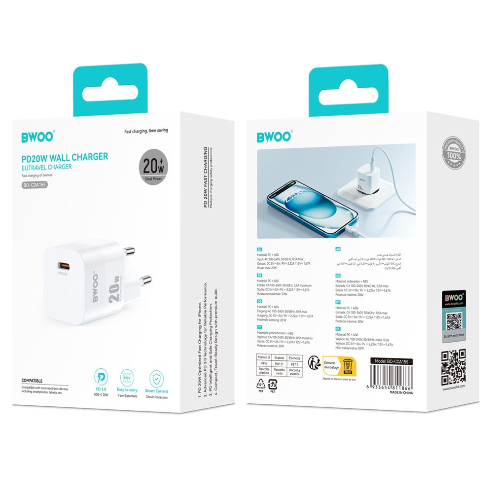 BWOO tīkla lādētājs CDA155 PD 1x USB-C port 1A 20W, balts