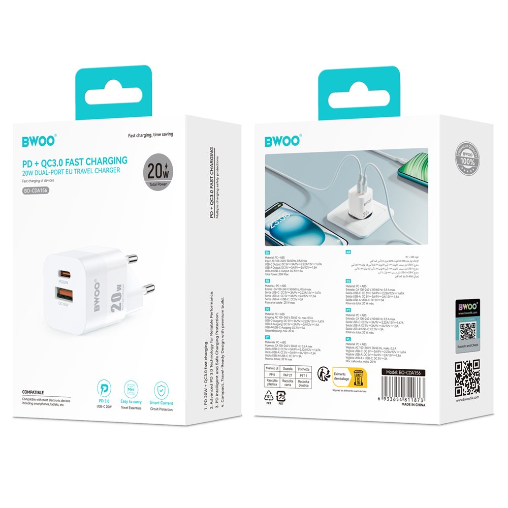 BWOO tīkla lādētājs CDA156 PD 1x USB-C 1v USB 20W, balts